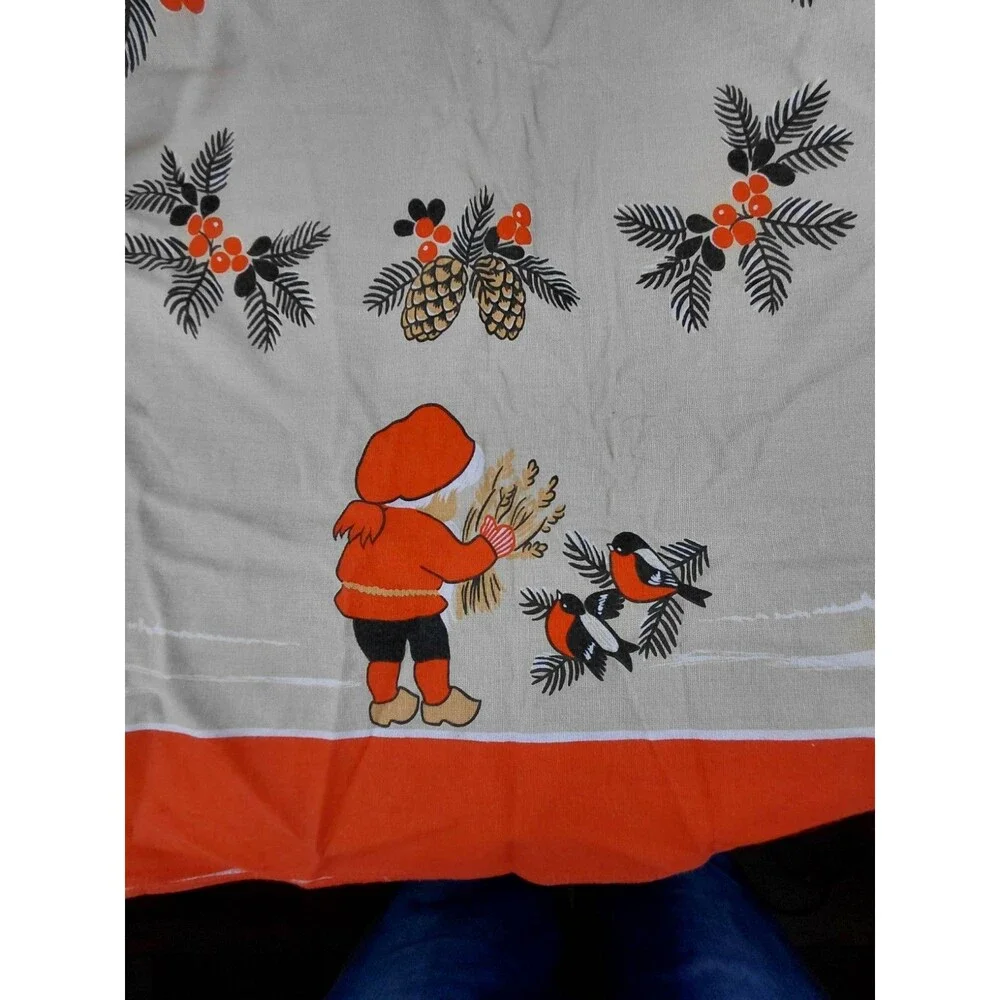 Swedish Christmas Tablecloth 100% Cotton Elves Pinecones Birds Winter 37” x 34.5